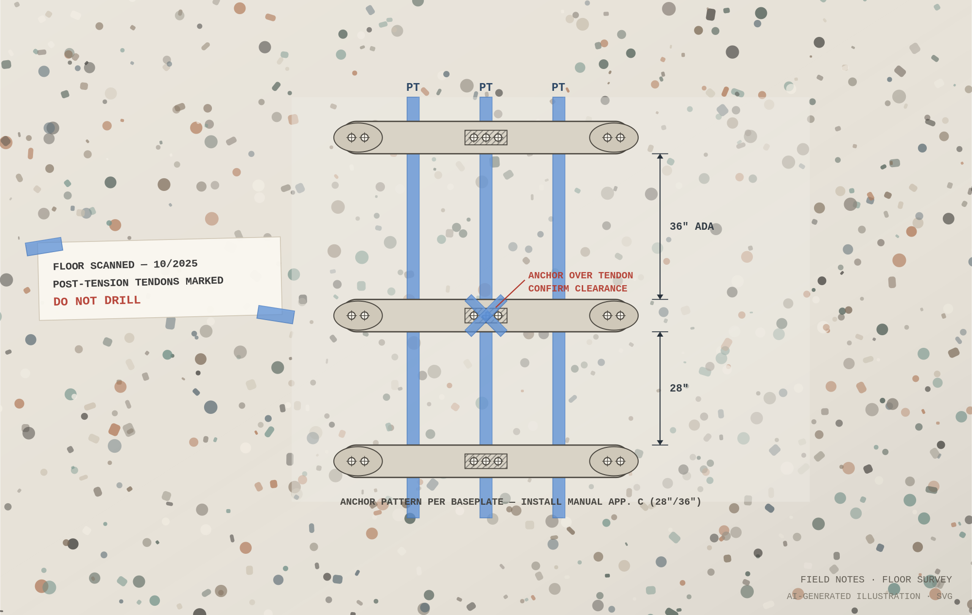 Plan view of a terrazzo office floor with blue painter's tape marking three post-tension cable runs, a taped X over a confirmed crossing, and a taped note reading "do not drill."